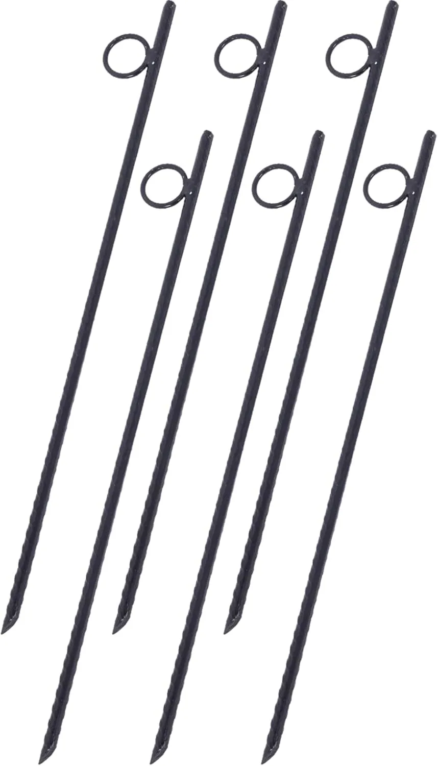 Heavy-Duty Steel Rebar Stakes with Loop, 3/8" x 18" Durable Tent Ground Anchors, 6pcs Pack, Black