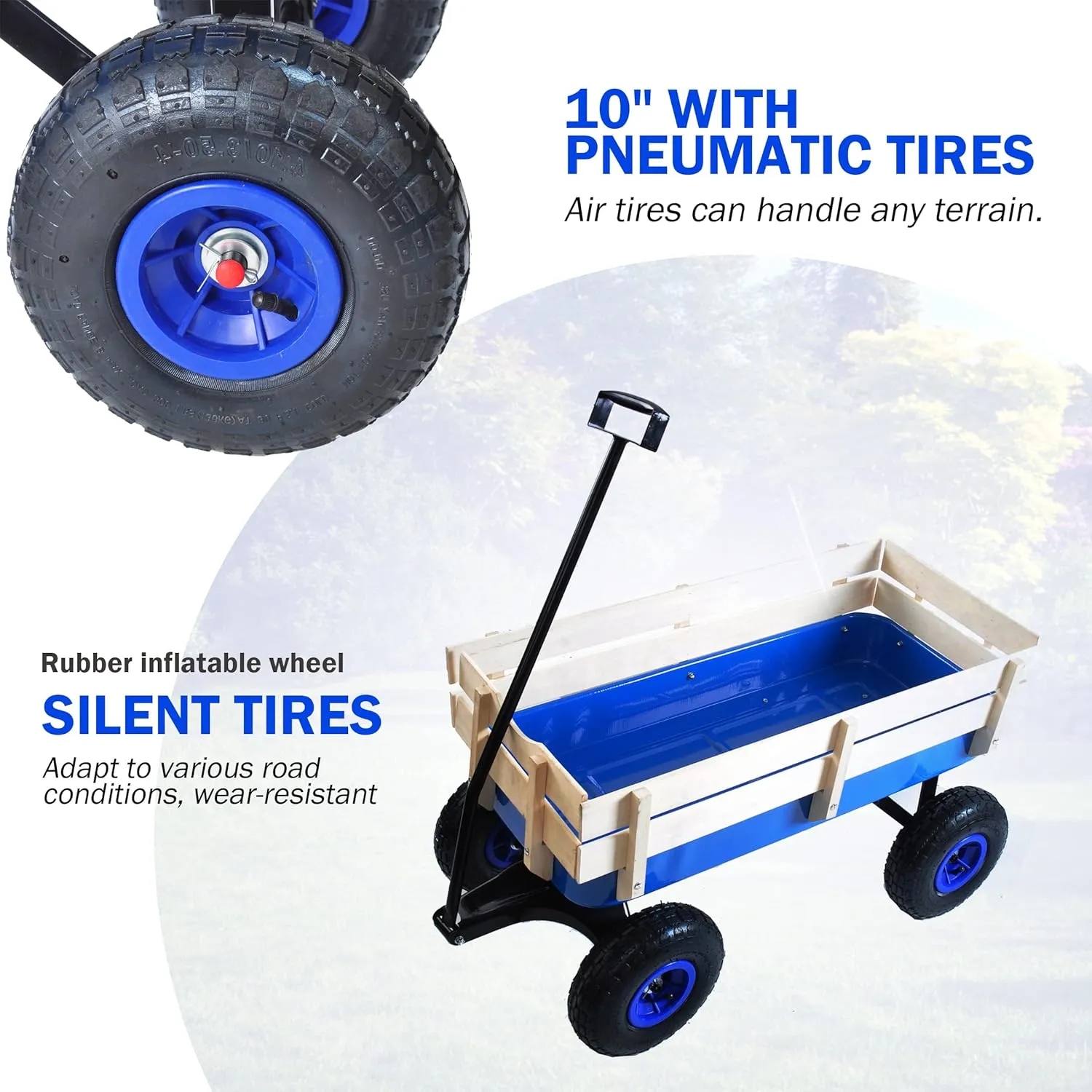 Heavy Duty Steel Wooden Side Support Cargo Wagon with 10” All-Terrain Air Tires, Up to 176lb Haul Capacity, Effortless Foldable Handle Cart for Towing Kids Toys, Gardening Supplies (Blue)