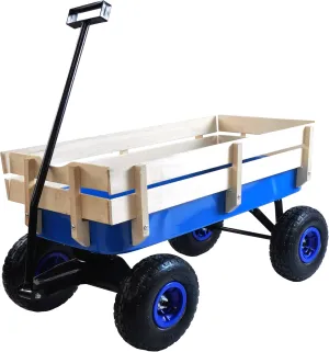 Heavy Duty Steel Wooden Side Support Cargo Wagon with 10” All-Terrain Air Tires, Up to 176lb Haul Capacity, Effortless Foldable Handle Cart for Towing Kids Toys, Gardening Supplies (Blue)