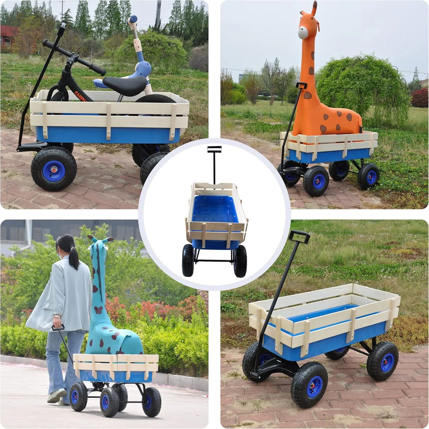 Heavy Duty Steel Wooden Side Support Cargo Wagon with 10” All-Terrain Air Tires, Up to 176lb Haul Capacity, Effortless Foldable Handle Cart for Towing Kids Toys, Gardening Supplies (Blue)