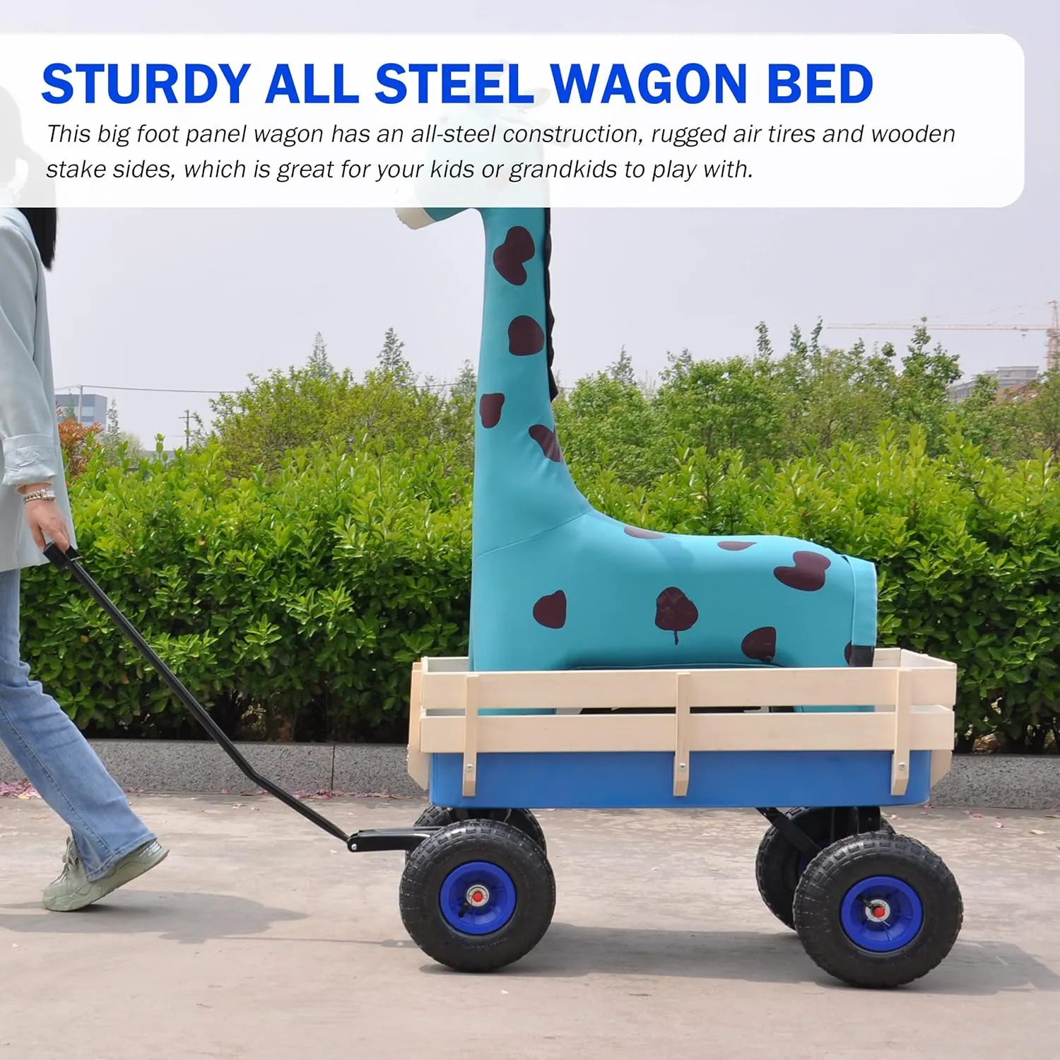 Heavy Duty Steel Wooden Side Support Cargo Wagon with 10” All-Terrain Air Tires, Up to 176lb Haul Capacity, Effortless Foldable Handle Cart for Towing Kids Toys, Gardening Supplies (Blue)