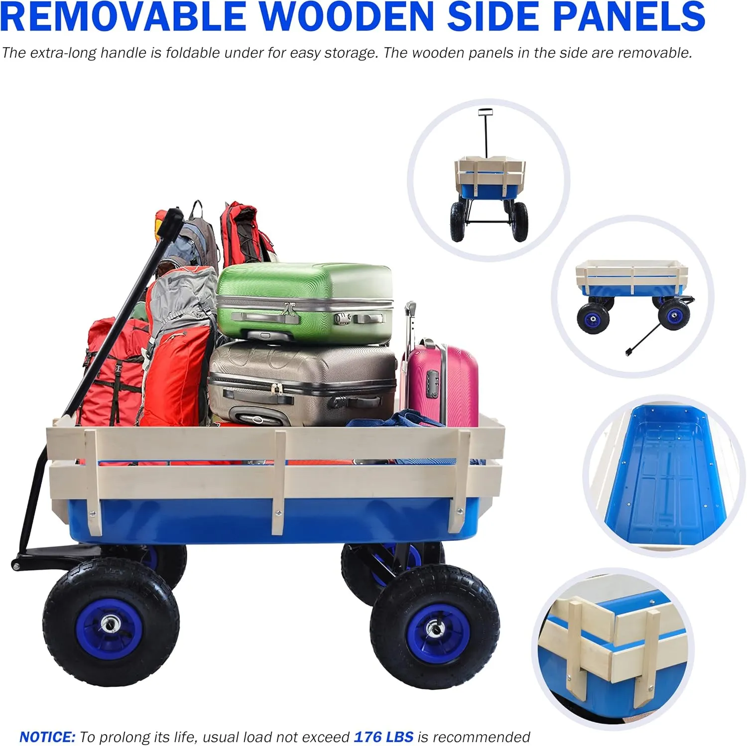 Heavy Duty Steel Wooden Side Support Cargo Wagon with 10” All-Terrain Air Tires, Up to 176lb Haul Capacity, Effortless Foldable Handle Cart for Towing Kids Toys, Gardening Supplies (Blue)