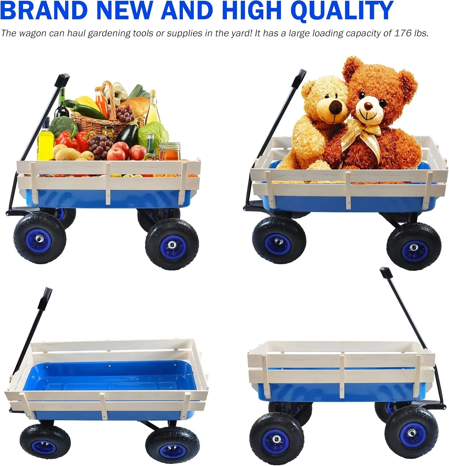 Heavy Duty Steel Wooden Side Support Cargo Wagon with 10” All-Terrain Air Tires, Up to 176lb Haul Capacity, Effortless Foldable Handle Cart for Towing Kids Toys, Gardening Supplies (Blue)