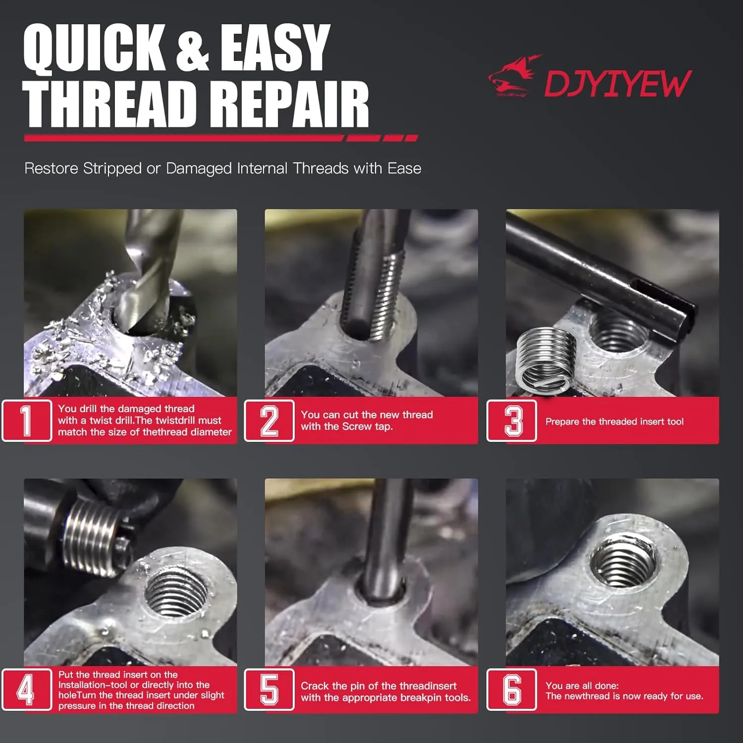 Helicoil Thread Repair Kit 262 Pc Metric & SAE Helicoil Repair Kit Includes M5 M6 M8 M10 M12 1/4" 5/16" 3/8" 7/16" 1/2" Kit with Thread Gauge