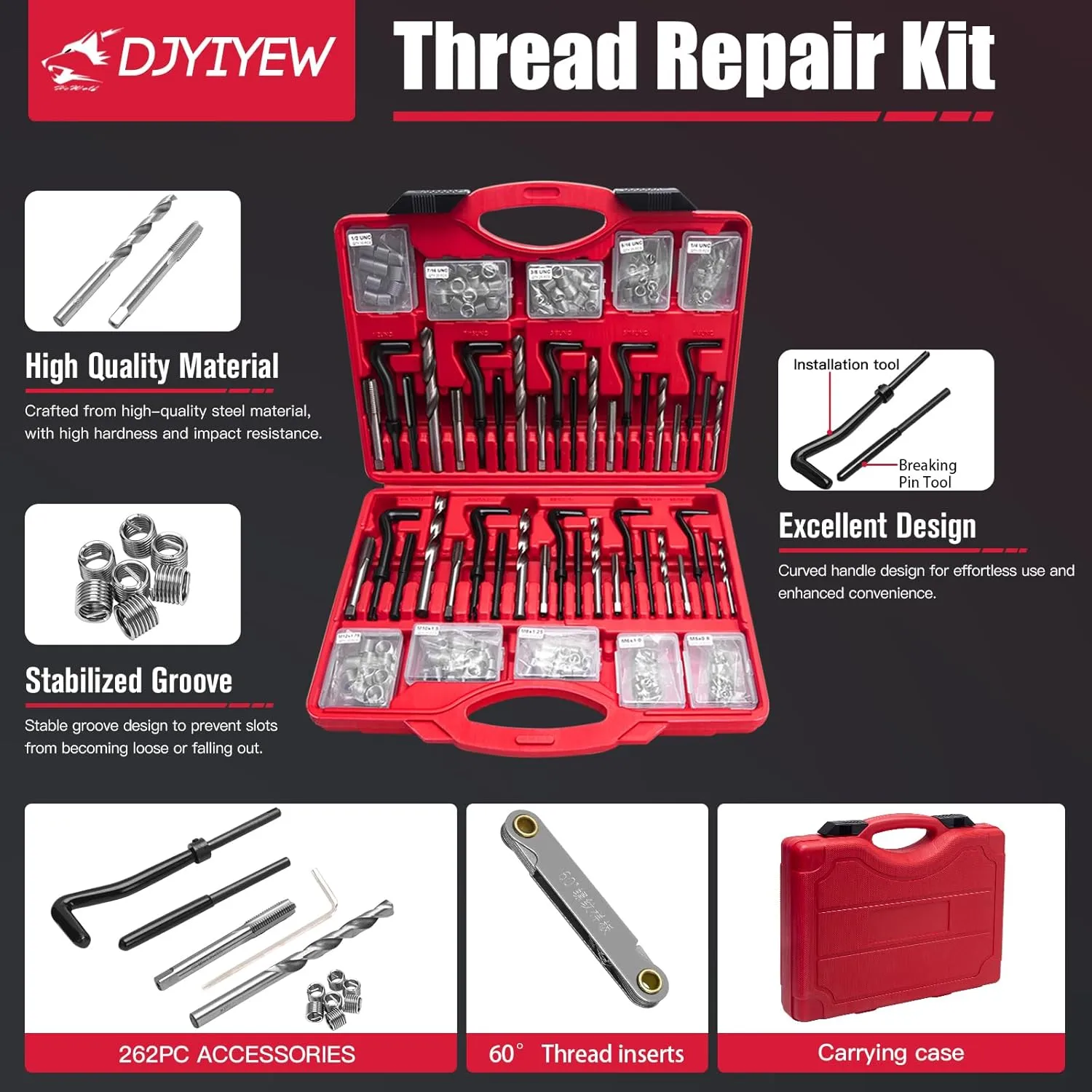 Helicoil Thread Repair Kit 262 Pc Metric & SAE Helicoil Repair Kit Includes M5 M6 M8 M10 M12 1/4" 5/16" 3/8" 7/16" 1/2" Kit with Thread Gauge
