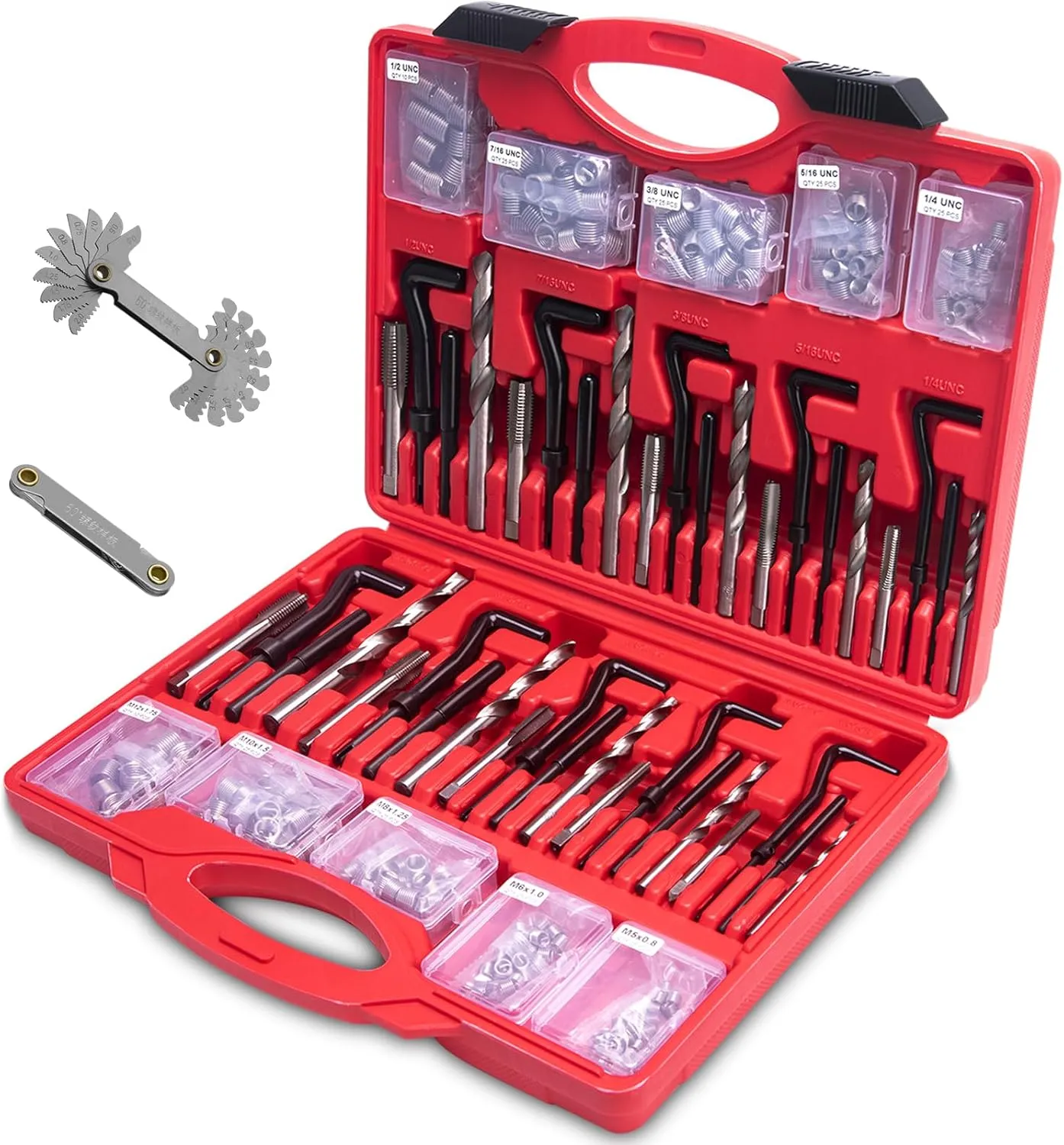 Helicoil Thread Repair Kit 262 Pc Metric & SAE Helicoil Repair Kit Includes M5 M6 M8 M10 M12 1/4" 5/16" 3/8" 7/16" 1/2" Kit with Thread Gauge