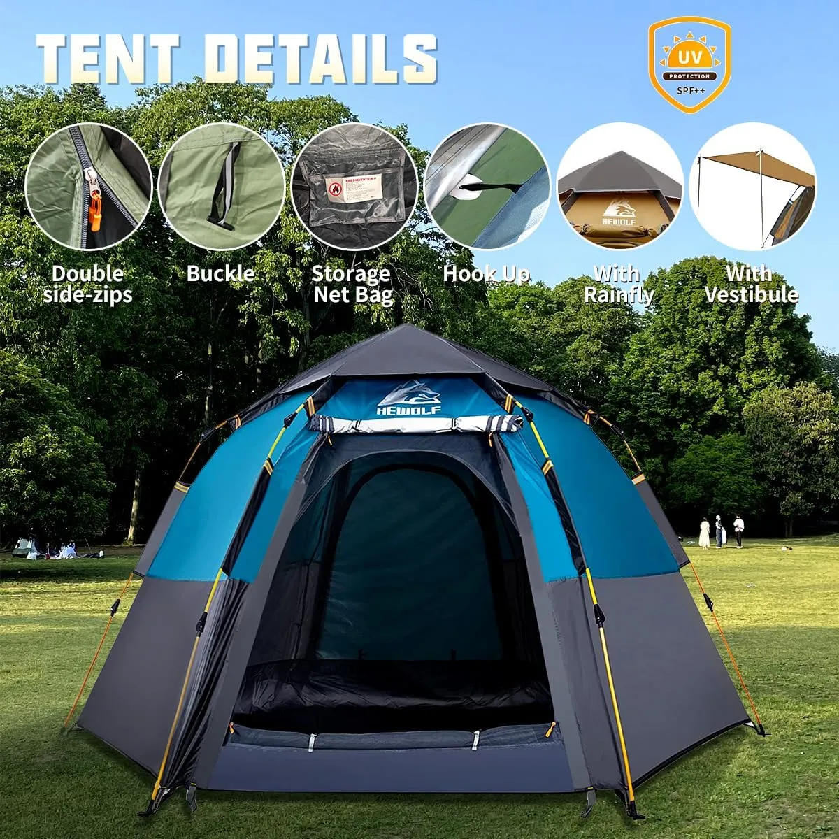 Hewolf 2/3/4 Person Camping Tent - Instant Pop Up Waterproof 2 Doors Tent with Easy Setup | 3-Season Hexagonal Dome Design for Family, Hiking & Traveling