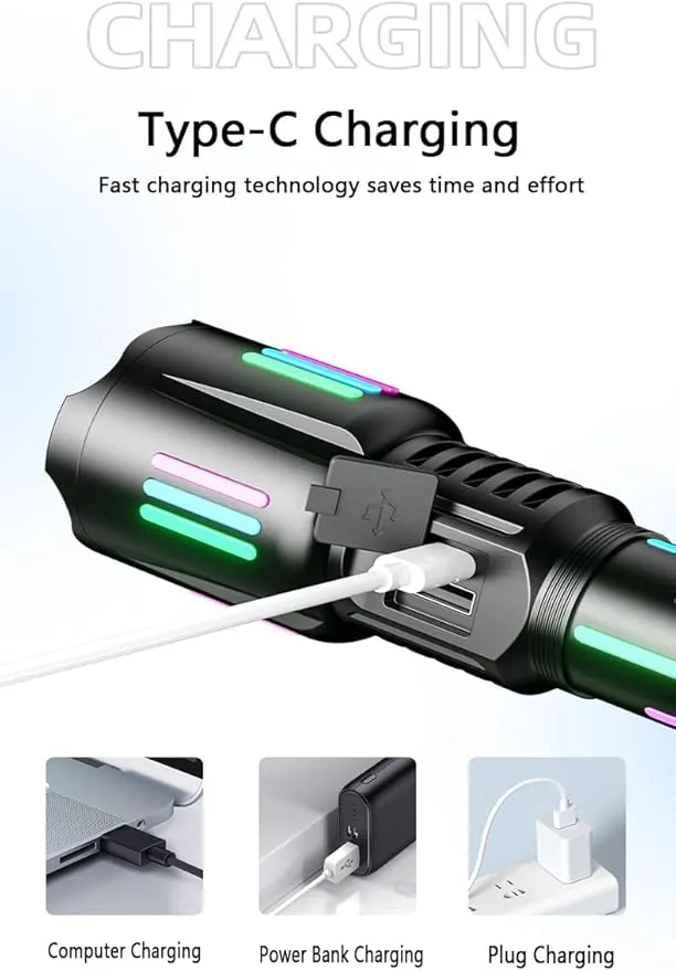 High brightness rechargeable flashlight, super bright waterproof long life tactical flashlight, 1.5km long beam, LCD power display, 5 modes, suitable for emergency, camping, hiking and so on.