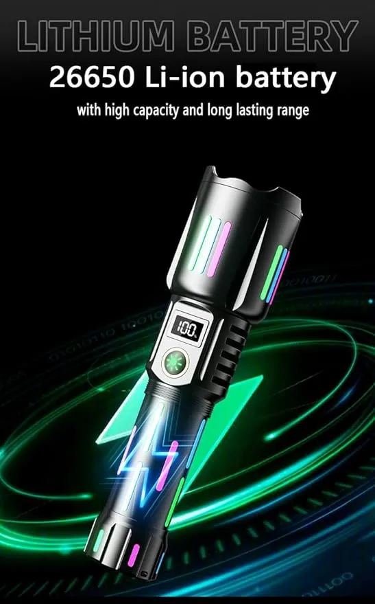 High brightness rechargeable flashlight, super bright waterproof long life tactical flashlight, 1.5km long beam, LCD power display, 5 modes, suitable for emergency, camping, hiking and so on.