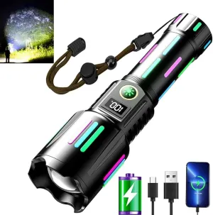 High brightness rechargeable flashlight, super bright waterproof long life tactical flashlight, 1.5km long beam, LCD power display, 5 modes, suitable for emergency, camping, hiking and so on.