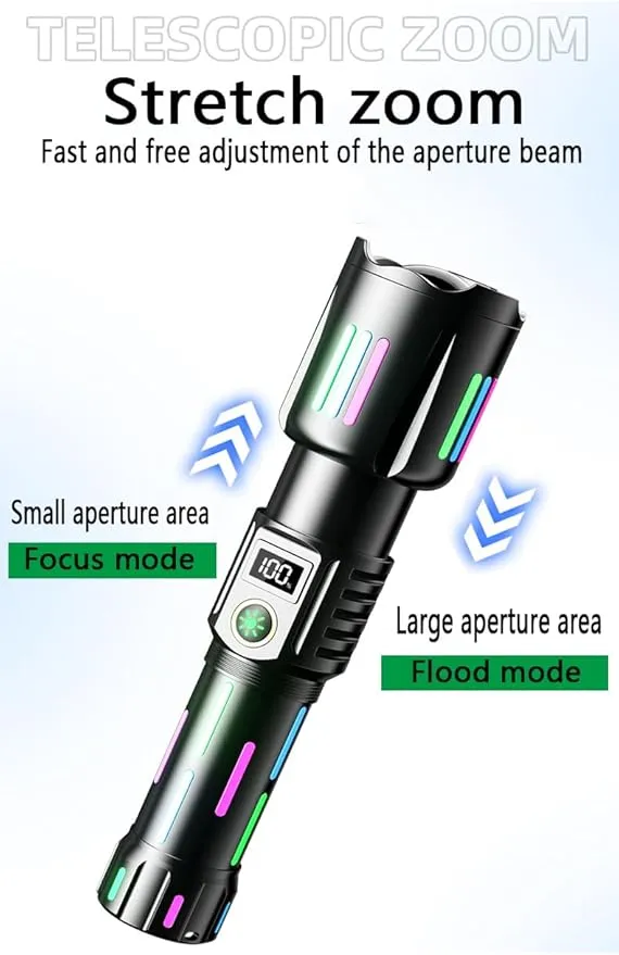 High brightness rechargeable flashlight, super bright waterproof long life tactical flashlight, 1.5km long beam, LCD power display, 5 modes, suitable for emergency, camping, hiking and so on.
