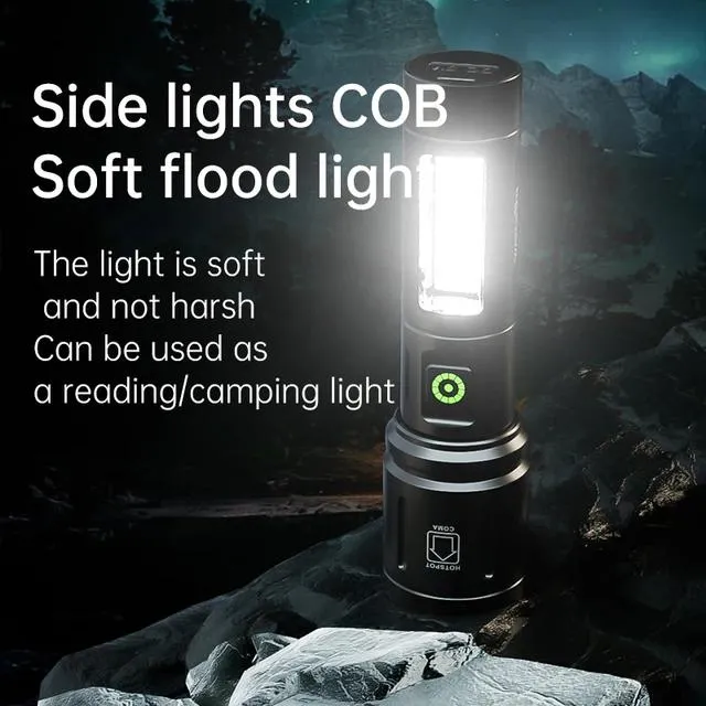 High Power 100000LM White Laser Light Zoom LED Alloy Torch With 12LED Side Lights Built-in 26650 Battery Rechargeable Outdoor Waterproof