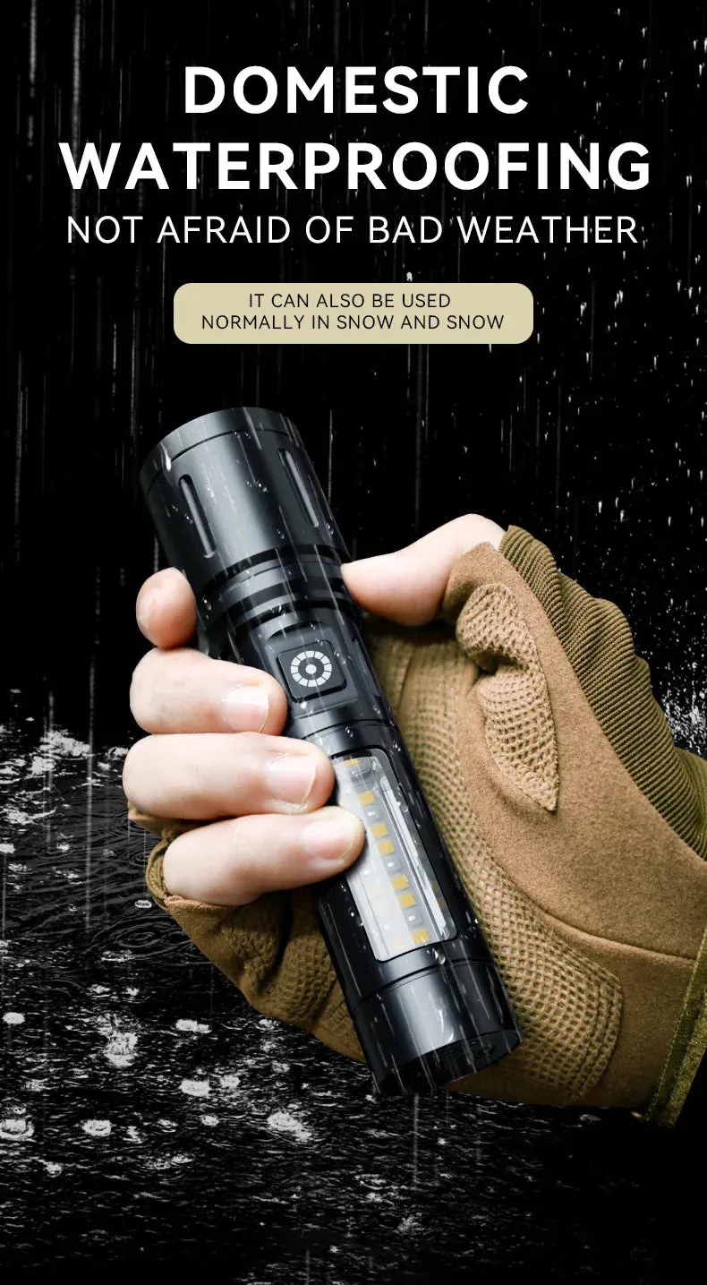 High Power 100000LM White Laser Light Zoom LED Alloy Torch With 12LED Side Lights Built-in 26650 Battery Rechargeable Outdoor Waterproof