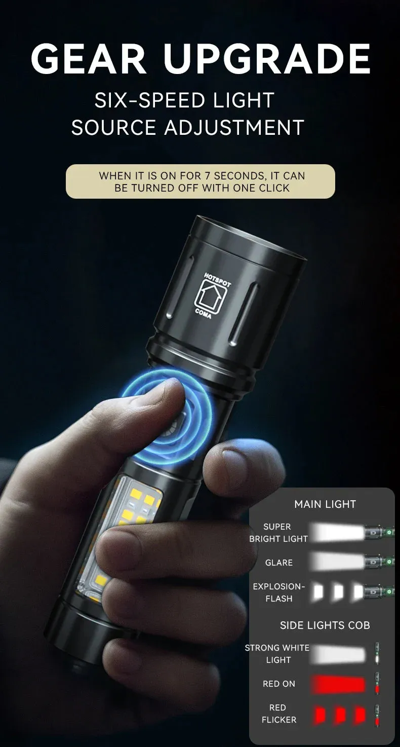 High Power 100000LM White Laser Light Zoom LED Alloy Torch With 12LED Side Lights Built-in 26650 Battery Rechargeable Outdoor Waterproof