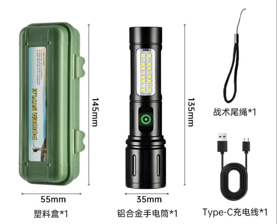 High Power 100000LM White Laser Light Zoom LED Alloy Torch With 12LED Side Lights Built-in 26650 Battery Rechargeable Outdoor Waterproof