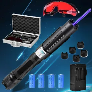 High Power 1500 Meter Long Range Tactical Blue Flashlight, Multiple Focal Lengths Adjustable,Rechargeable/with Protective Goggles/Aluminum,for Various Outdoor Sports/Camping Equipment/Hiking
