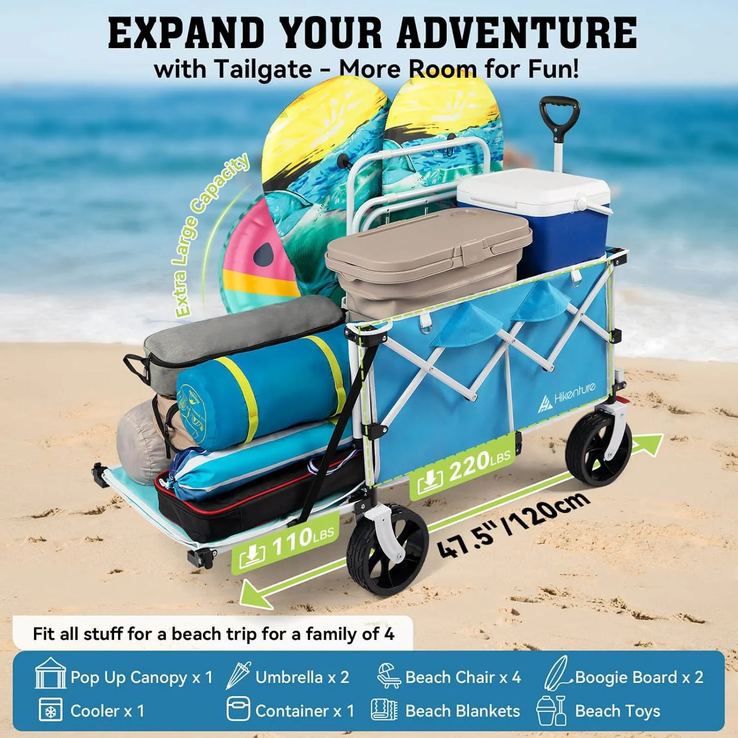 Hikenture Beach Wagon with Big Wheels for Sand, 47.5" Extra Long Collapsible Wagon with Tailgate, 330lbs Capacity Wagons Carts Foldable, Heavy Duty Folding Wagons Cart