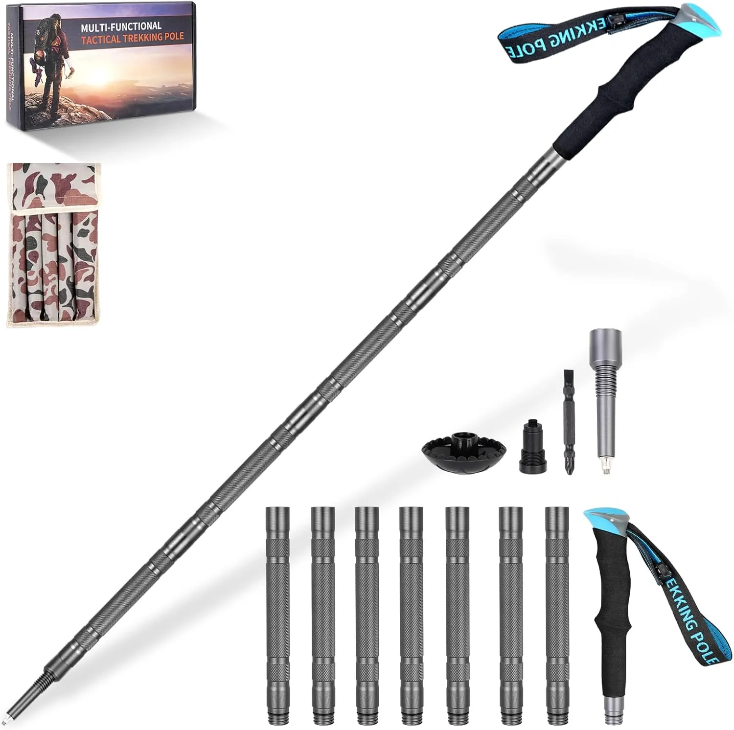 Hiking Stick Walking Staff - Detachable Trekking Pole Multitool for Man Women (8 Tube
