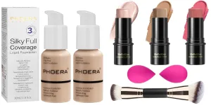Hilareco PHOERA Foundation, PHOERA Matte Liquid Foundation,PHOERA Makeup for Women,3 Pcs Cream Contour Stick Makeup Kit, Shades with Highlighter Stick, Blush Stick and Bronzer Contour Stick
