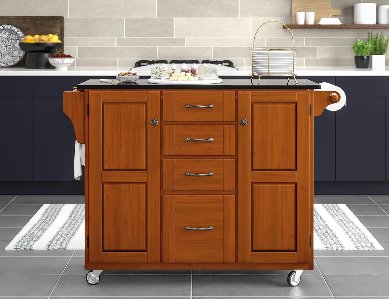 Home Styles Create-a-Cart Cottage Oak Kitchen Cart with Black Granite Top, with Solid Wood Construction, Adjustable Shelves, Towel Bar, Locking Casters, and Spice Rack