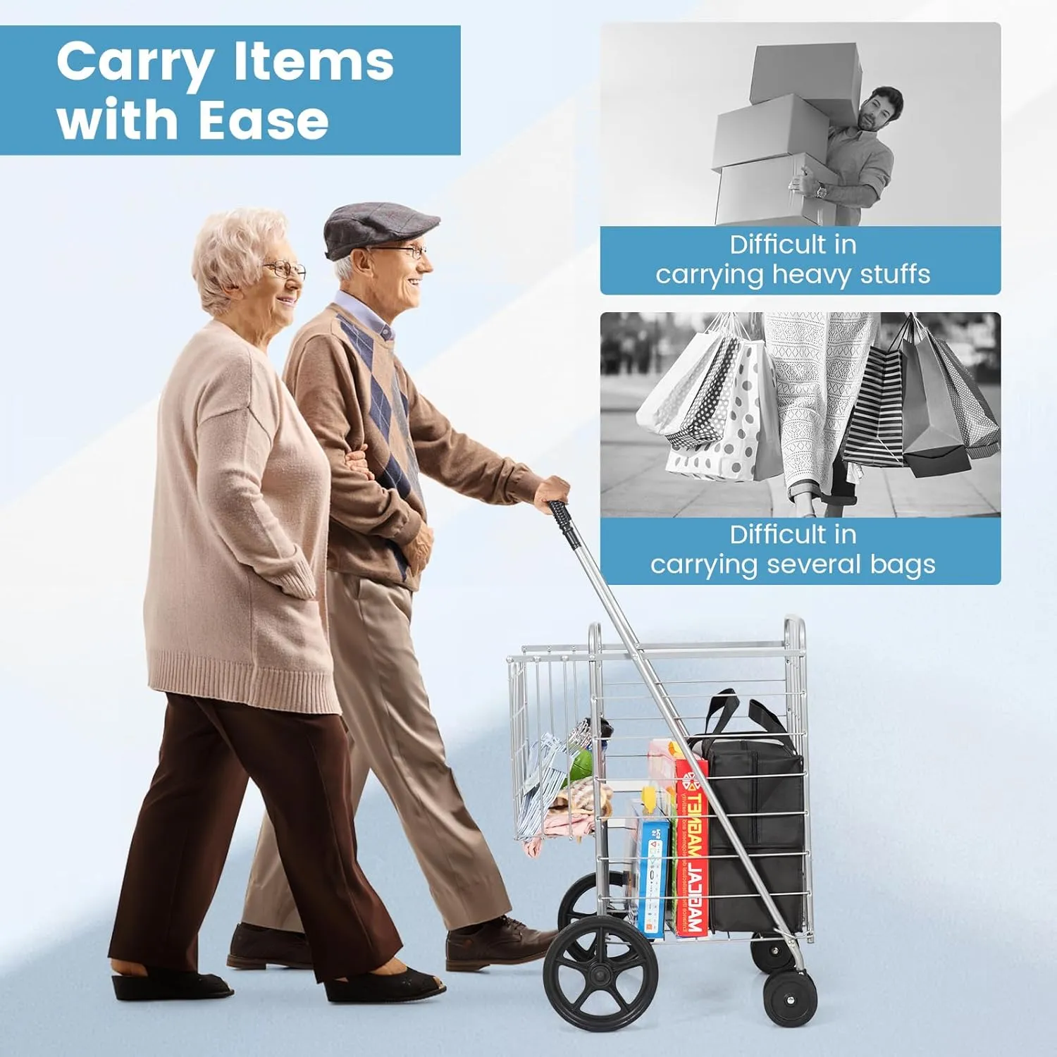 HOMGX Flat Folding Shopping Cart, 130 LBS Heavy Duty Utility Cart W/ 360° Swivel Front Wheels, 24" x 23" x 40" Foldable Grocery Cart for Laundry, Shopping, Groceries