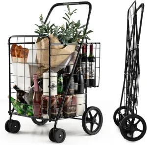 HOMGX Flat Folding Shopping Cart, 130 LBS Heavy Duty Utility Cart W/ 360° Swivel Front Wheels, 24" x 23" x 40" Foldable Grocery Cart for Laundry, Shopping, Groceries
