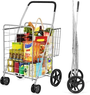 HOMGX Flat Folding Shopping Cart, 130 LBS Heavy Duty Utility Cart W/ 360° Swivel Front Wheels, 24" x 23" x 40" Foldable Grocery Cart for Laundry, Shopping, Groceries