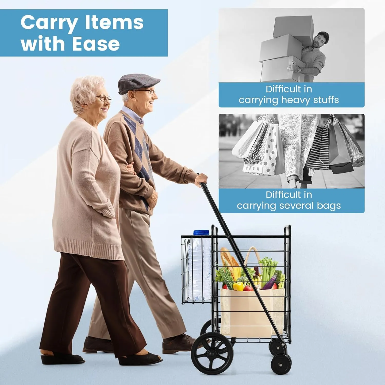 HOMGX Flat Folding Shopping Cart, 130 LBS Heavy Duty Utility Cart W/ 360° Swivel Front Wheels, 24" x 23" x 40" Foldable Grocery Cart for Laundry, Shopping, Groceries