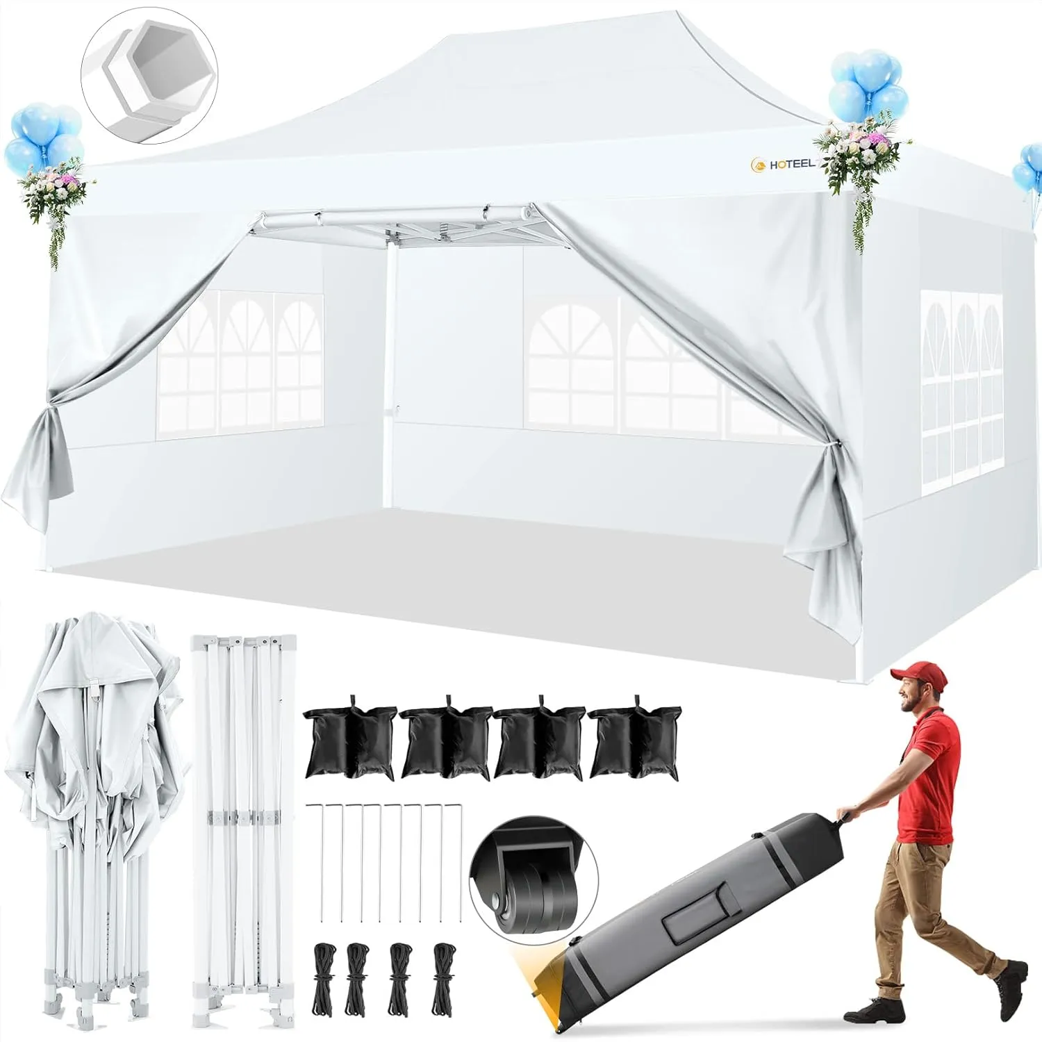 HOTEEL 10x15 ft Outdoor Canopy Tent with Sidewalls- Waterproof, UV-Resistant, Easy Setup for Camping, Picnics, Parties, BBQs, and Outdoor Events, White