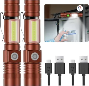 Hoxida Flashlight USB Rechargeable, Magnetic LED Flashlight, Super Bright LED Tactical Flashlight with Cob Sidelight, Waterproof, Zoomable Best Small LED Flashlight for Camping, Emergency - Brwon