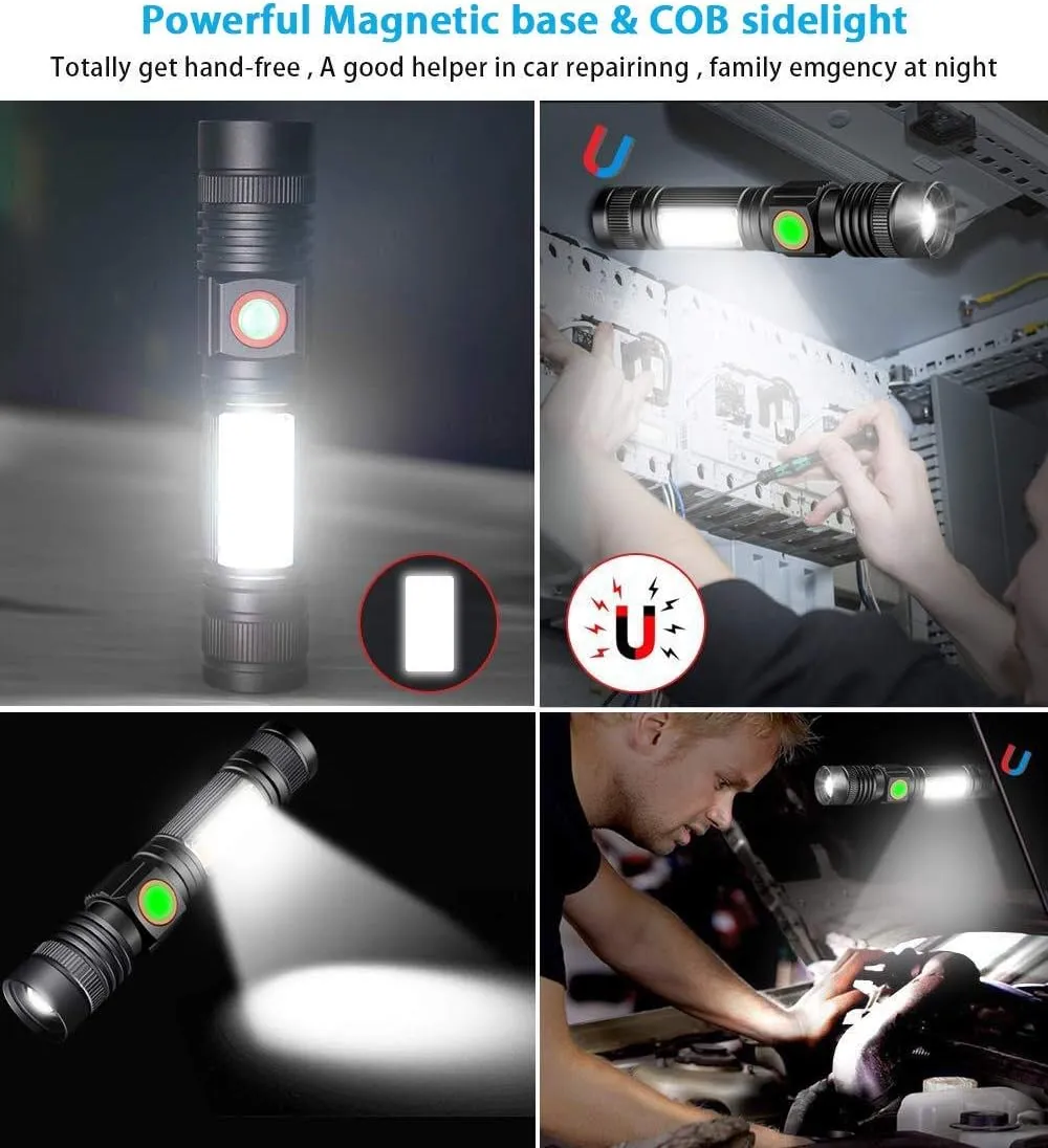 Hoxida USB Rechargeable Flashlight (Battery Included), Magnetic LED Flashlight, Super Bright LED Tactical Flashlight with Cob Sidelight, Waterproof, Zoomable Best Flashlight for Camping, Emergency