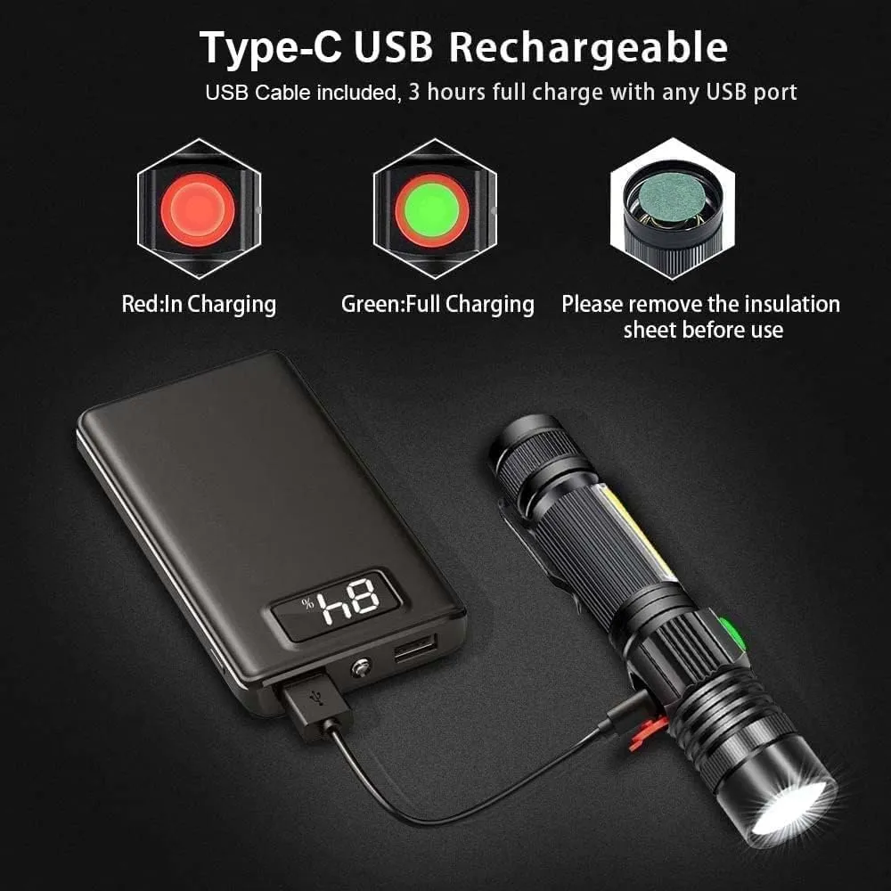 Hoxida USB Rechargeable Flashlight (Battery Included), Magnetic LED Flashlight, Super Bright LED Tactical Flashlight with Cob Sidelight, Waterproof, Zoomable Best Flashlight for Camping, Emergency