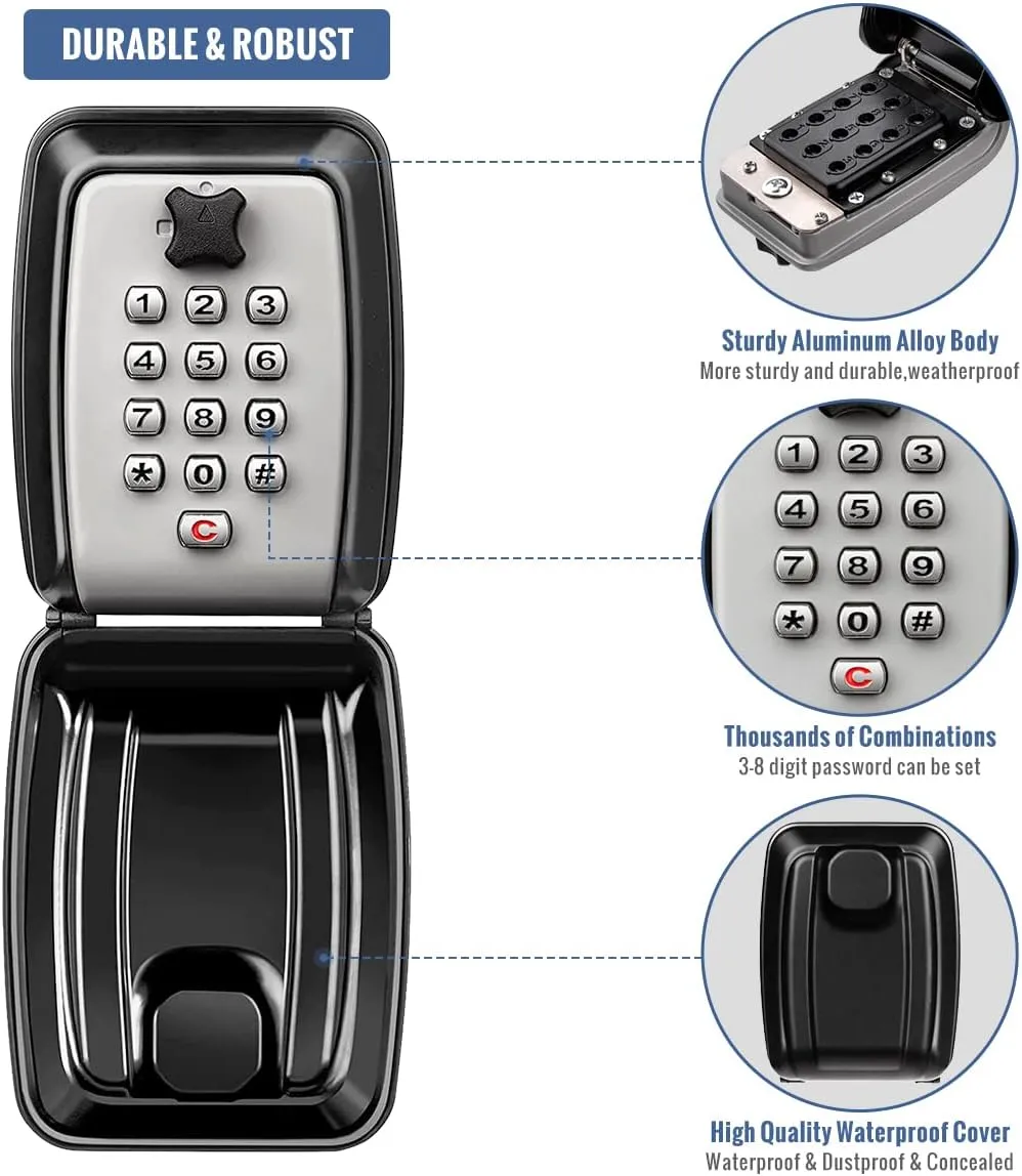 HUANLANG Key Lock Box for Outside, 12-Digit Combination Lock Box Waterproof Key Lockbox with Code,Key Hider Safe for Home Garage Office