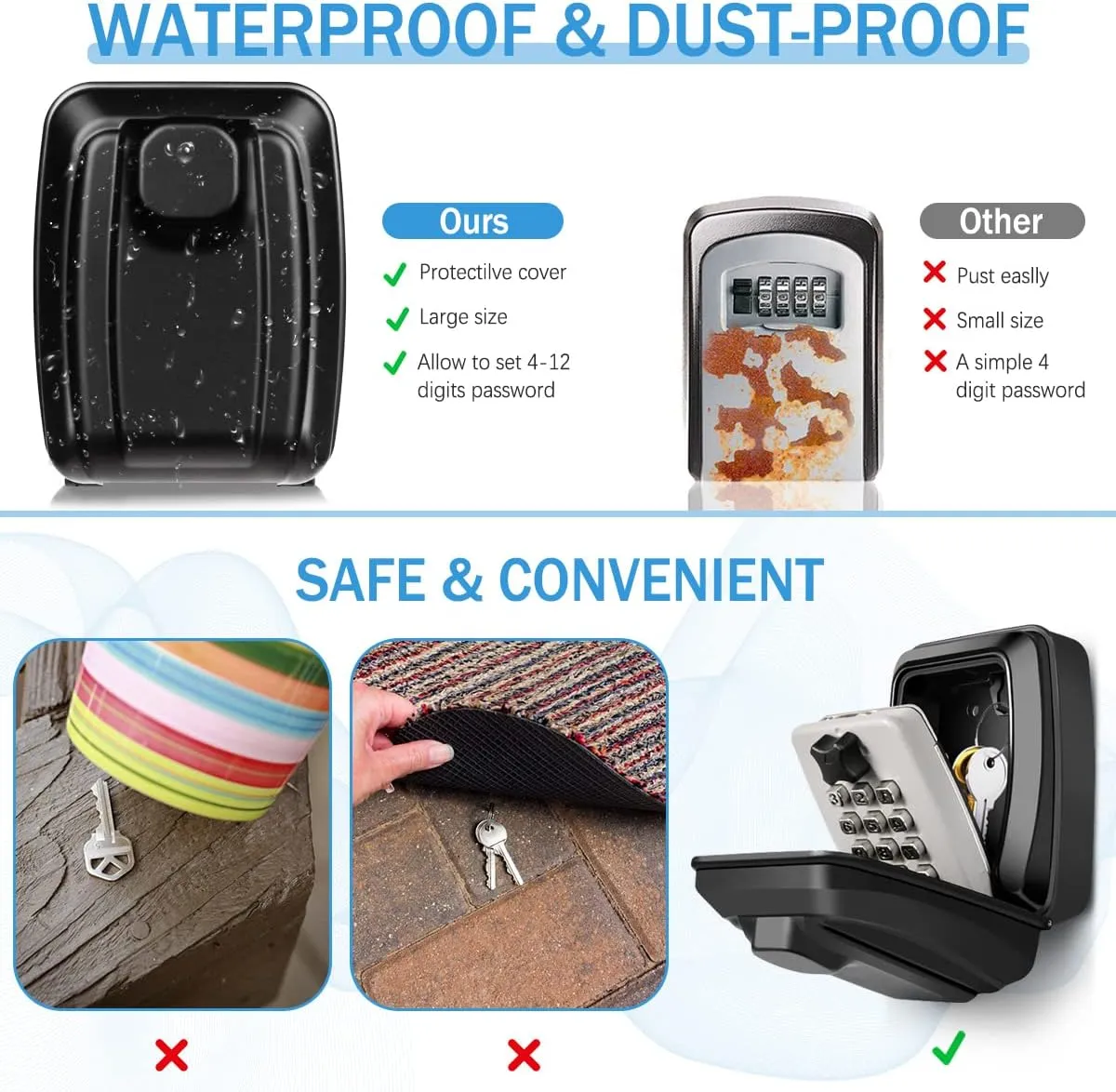HUANLANG Key Lock Box for Outside Wall Mount 12-Digit Combination Lock Box Outdoor Spare Key Hider Waterproof Security Lockbox Large Capacity Key Box for Realtors Home Garage Office