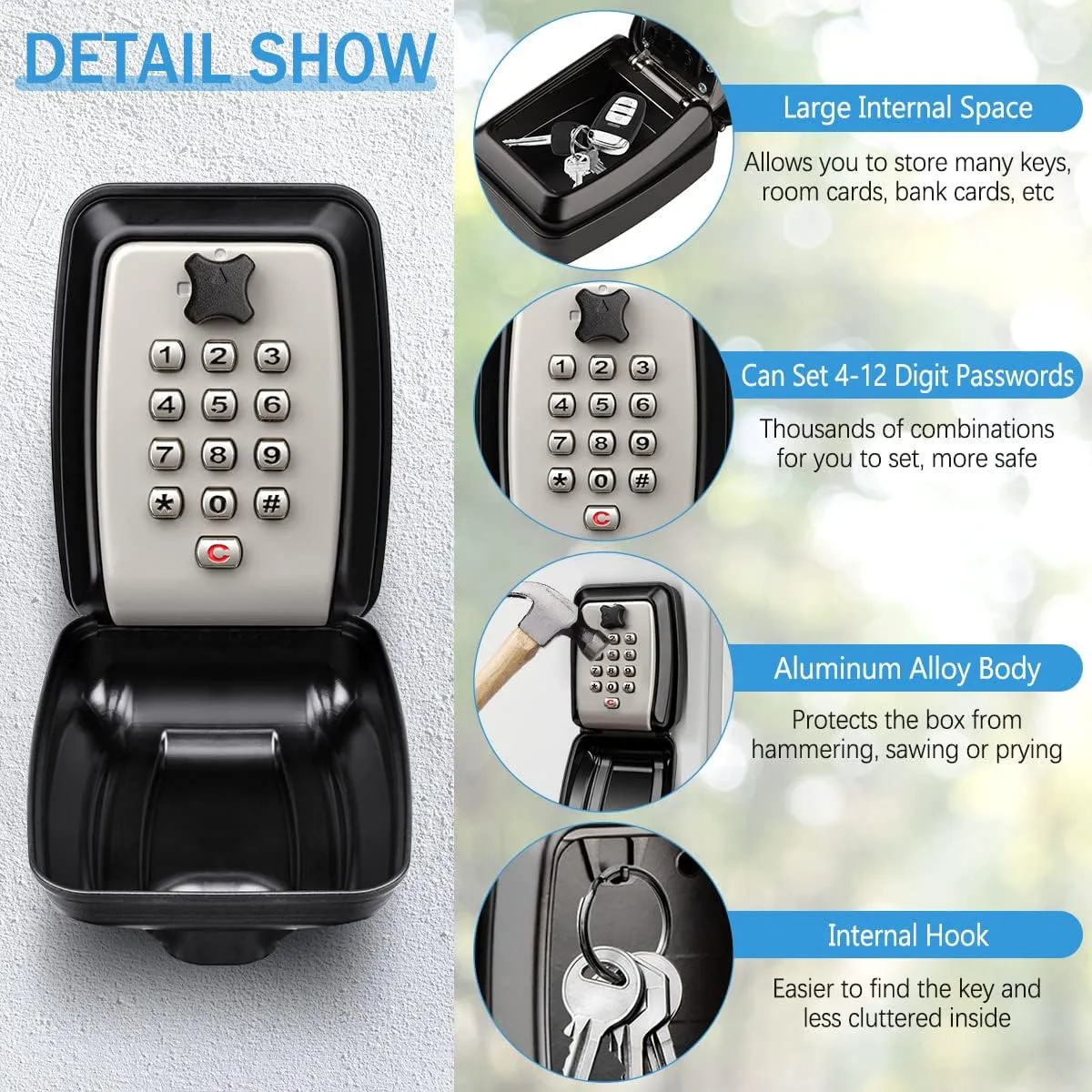 HUANLANG Key Lock Box for Outside Wall Mount 12-Digit Combination Lock Box Outdoor Spare Key Hider Waterproof Security Lockbox Large Capacity Key Box for Realtors Home Garage Office