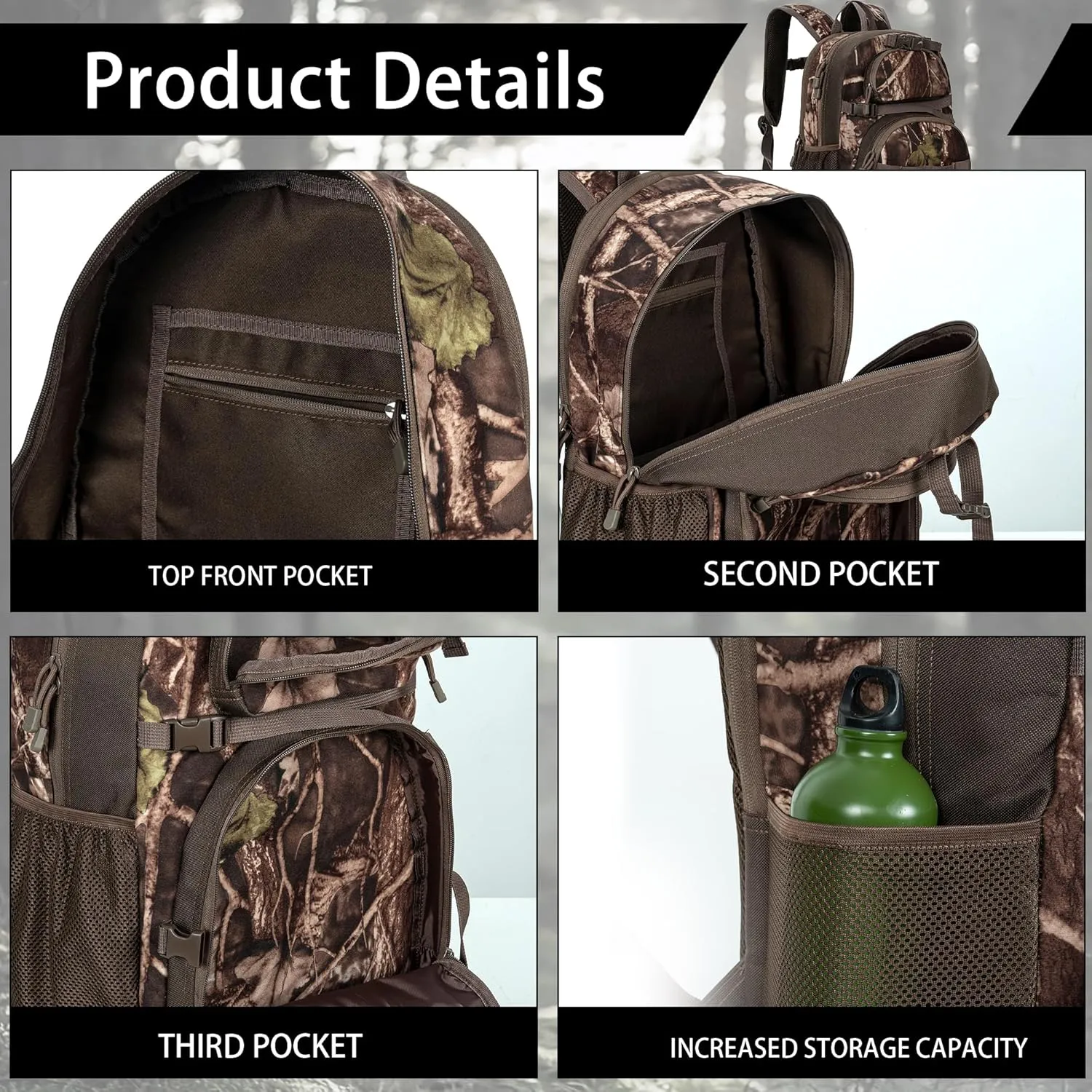 Hunting Backpack, Camo Outdoor Hunting Pack for Bow or Rifle with Holder, for Hunting, Camping, Hiking