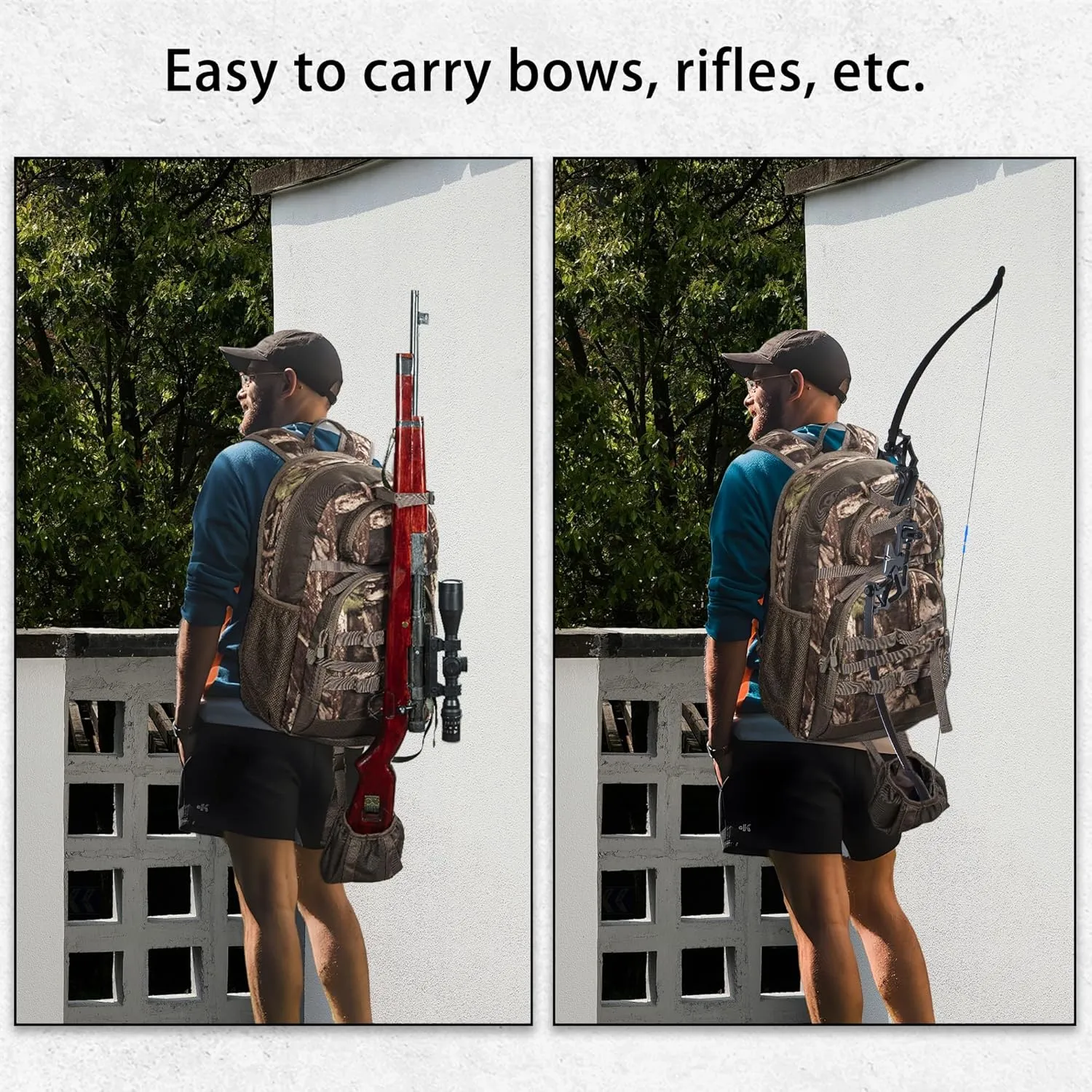 Hunting Backpack, Camo Outdoor Hunting Pack for Bow or Rifle with Holder, for Hunting, Camping, Hiking