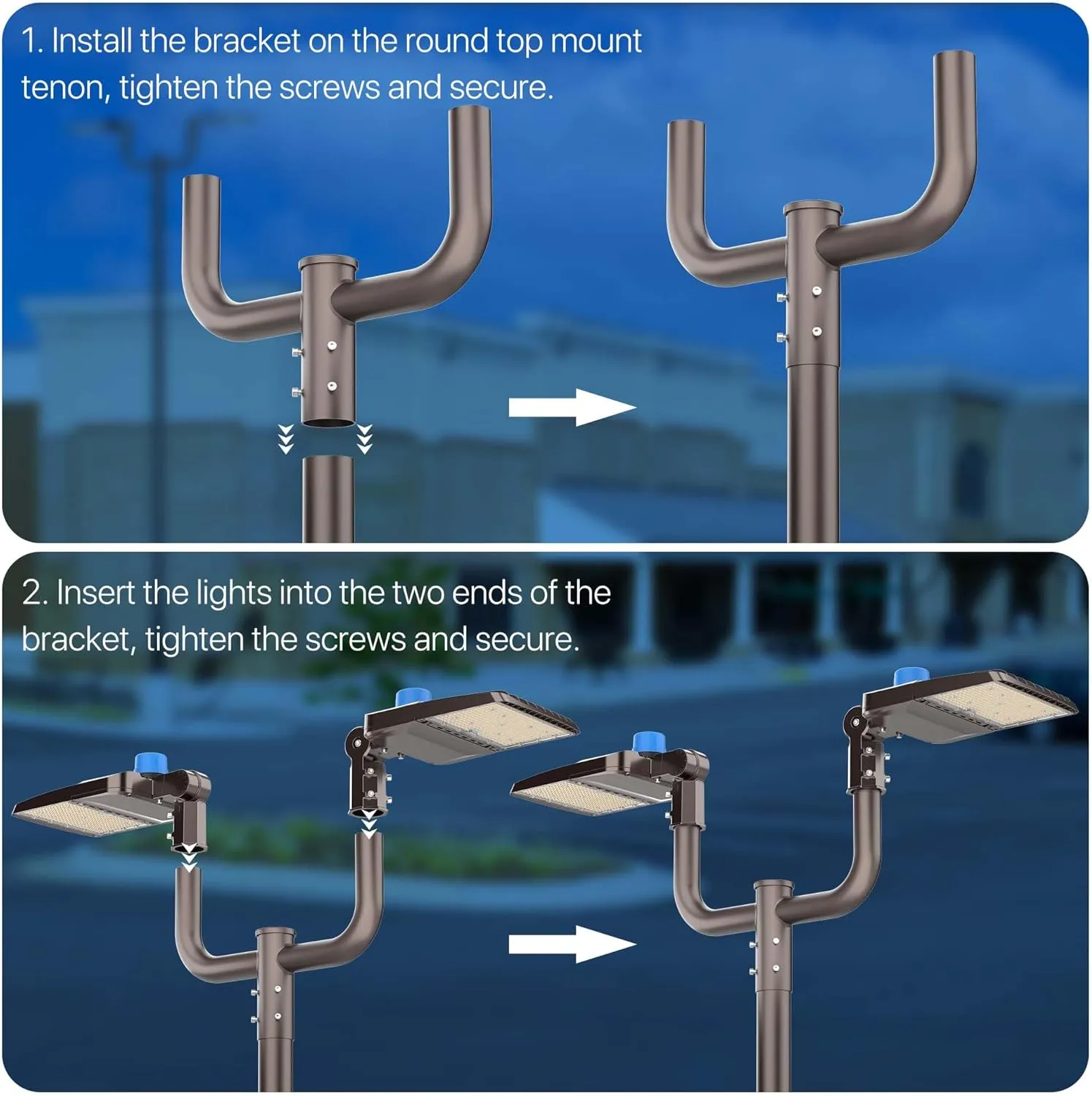HYPERLITE Double Bullhorn Bracket for Parking Lot Light, 2 3/8" Mounting Bracket for 2 Lights, Durable Bullhead Tenon Adapter for LED Shoebox Area Street Pole