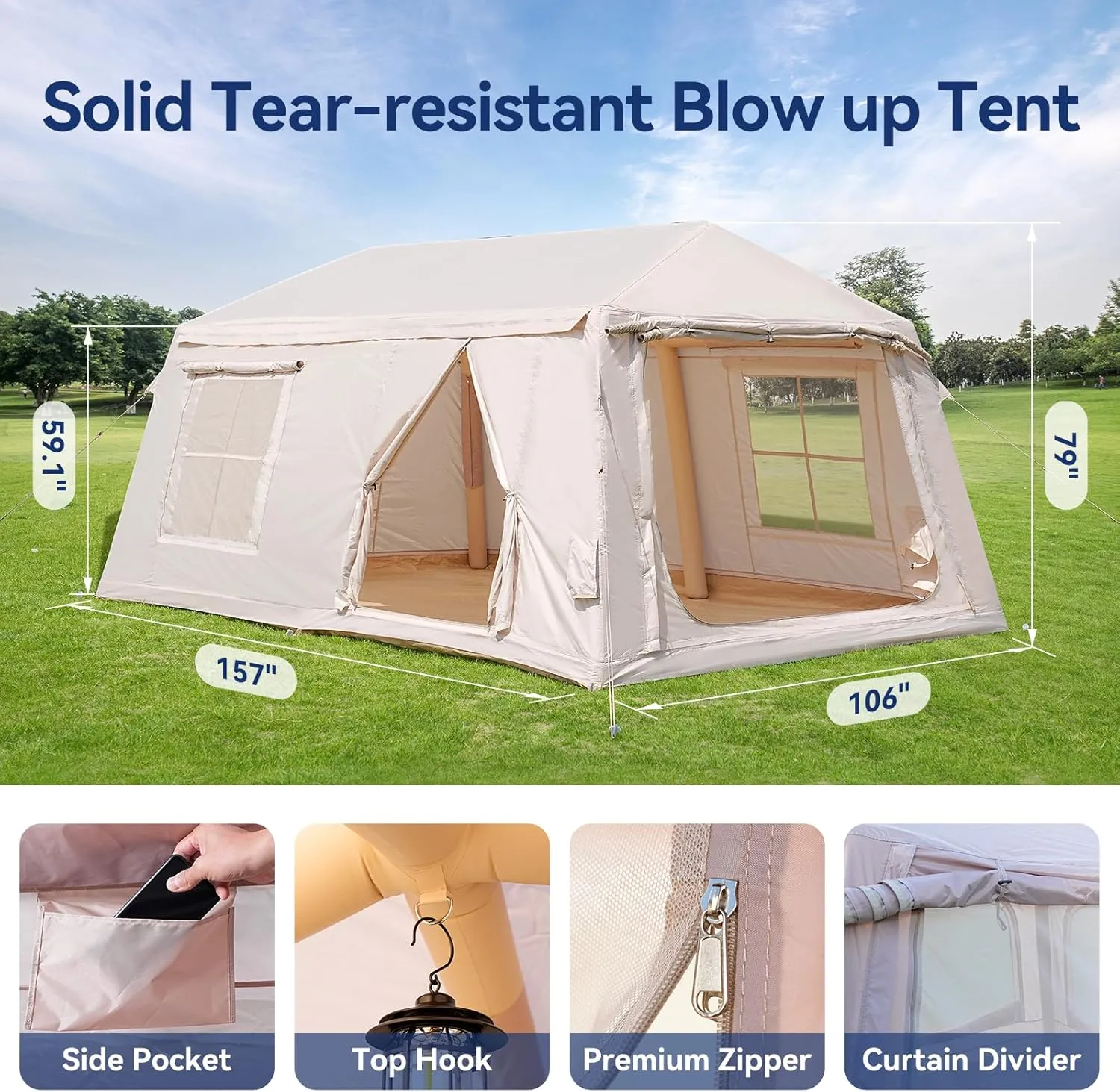 Inflatable Blow Up Tents for Camping,Waterproof Oxford Hot Tent with Manual Pump,Spacious Easy Setup Inflatable Camping Air Tent for Family Glamping