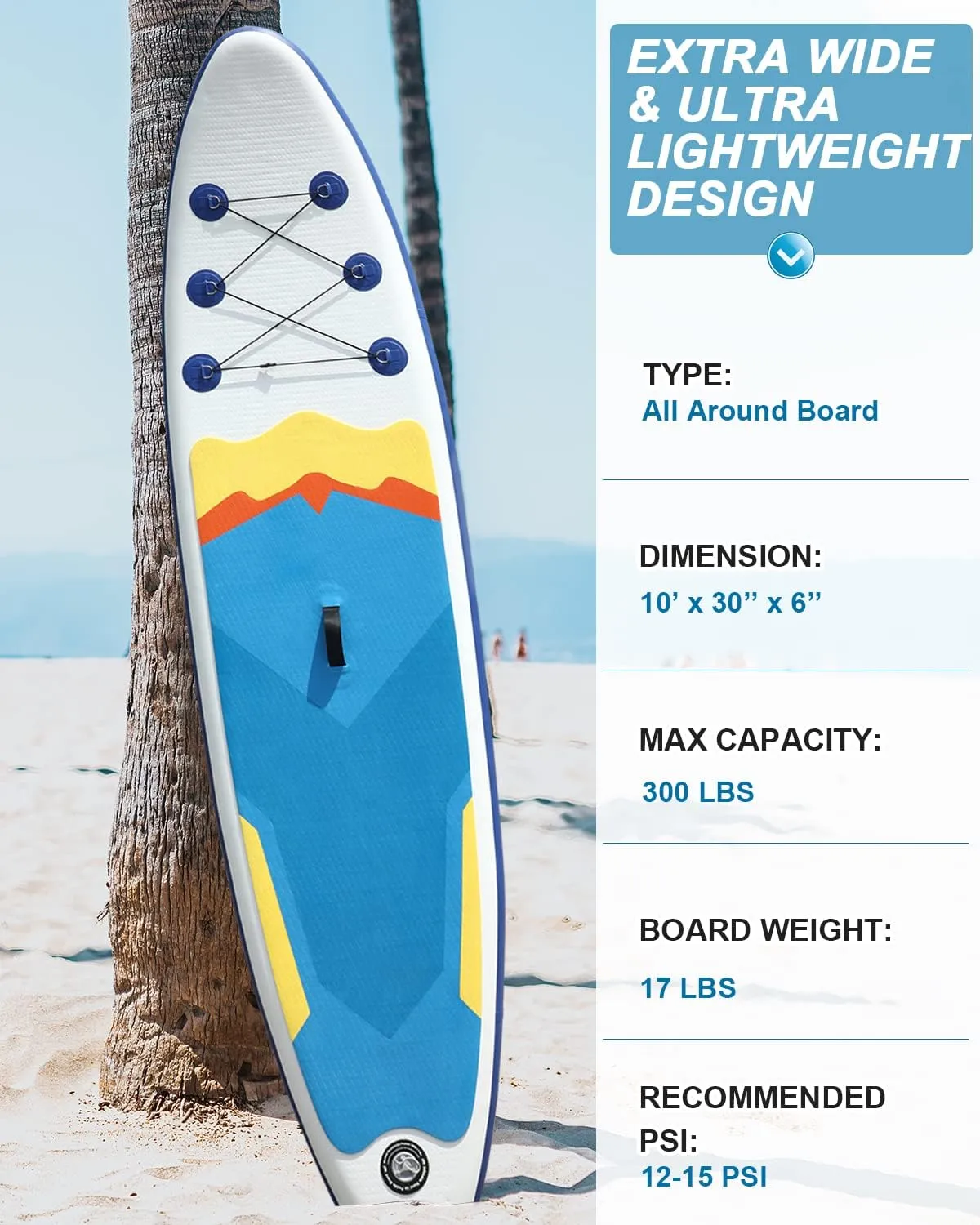 Inflatable Stand Up Paddle Board 10‘6‘‘x33‘‘- Ultra-Light SUP with Backpack, Pump, Paddle, Coil Leash, 3 Fins, Repair Kit, Stable Design, Non-Slip EVA Deck for Adults & Youth