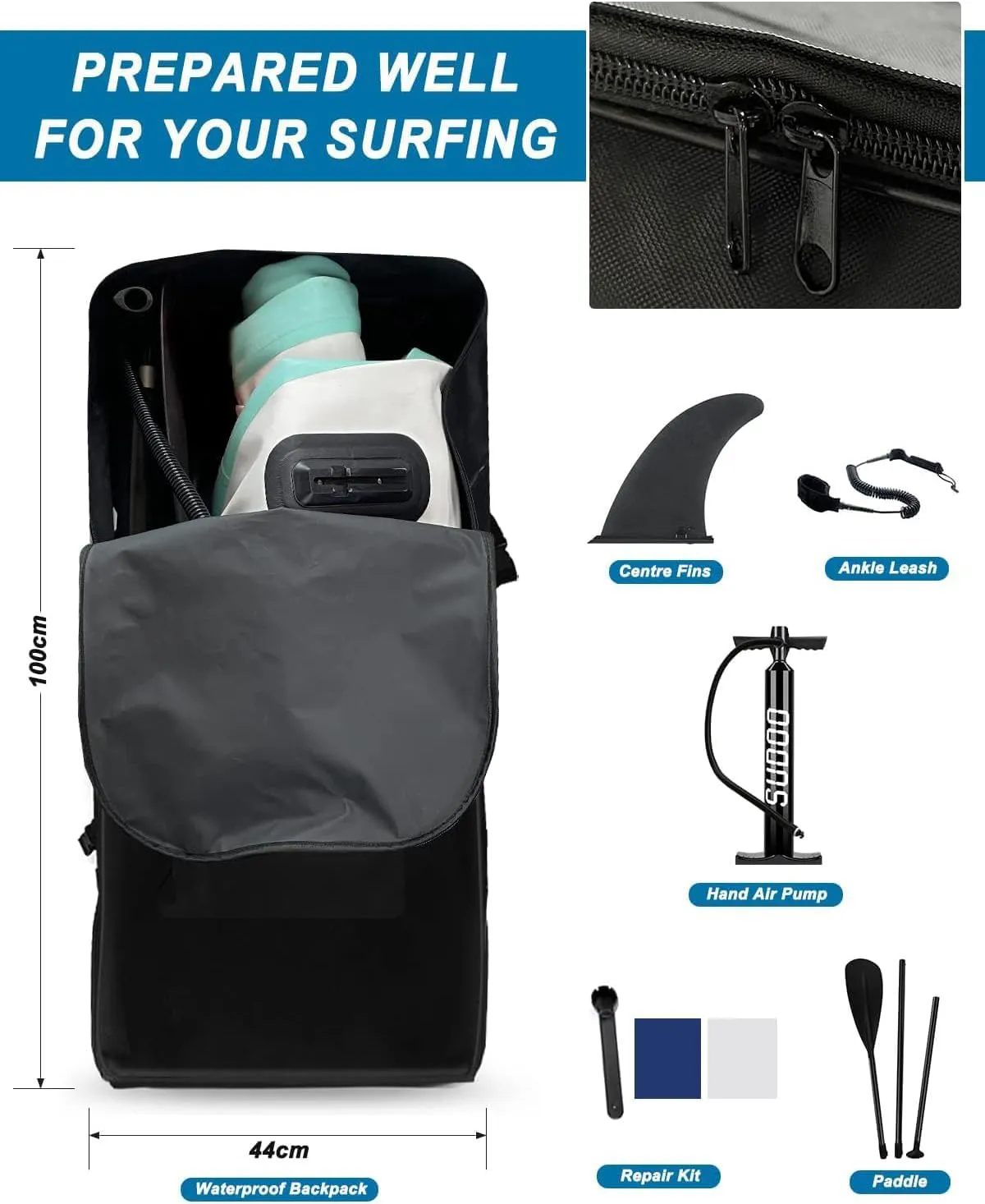 Inflatable Stand Up Paddle Board 10‘6‘‘x33‘‘- Ultra-Light SUP with Backpack, Pump, Paddle, Coil Leash, 3 Fins, Repair Kit, Stable Design, Non-Slip EVA Deck for Adults & Youth