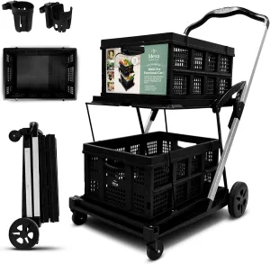 Inspired Living Multi-Use Functional Collapsible Utility Cart, 2-Tier Trolley with 2 Storage Crates for Shopping Office Heavy Duty Lifting, Cup and Phone Holder, Foldable & Portable, Holds 200LBs