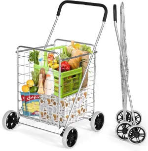 IRONMAX Grocery Shopping Cart, Foldable Heavy Duty Utility Cart w/Large Wheels for Easy Installation and Removal, Lightweight Trolley Cart for Grocery Laundry Luggage (Sliver)