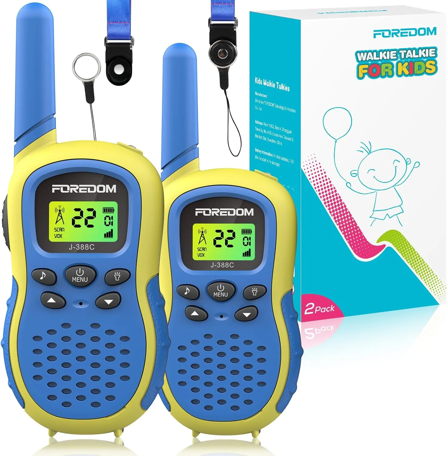 J388C Walkie Talkies for Kids 2 Pack Long Range with Flashlight - Blue