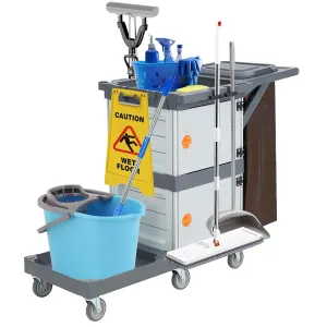 Janitorial Cart with 2 Cabinet, Commercial Traditional Janitorial 3-Shelf Cleaning Cart on Wheels with Cover and Vinyl Bag, Hotel Cart Housekeeping Room Service Cart Utility Cart Custodial Cart, Gray