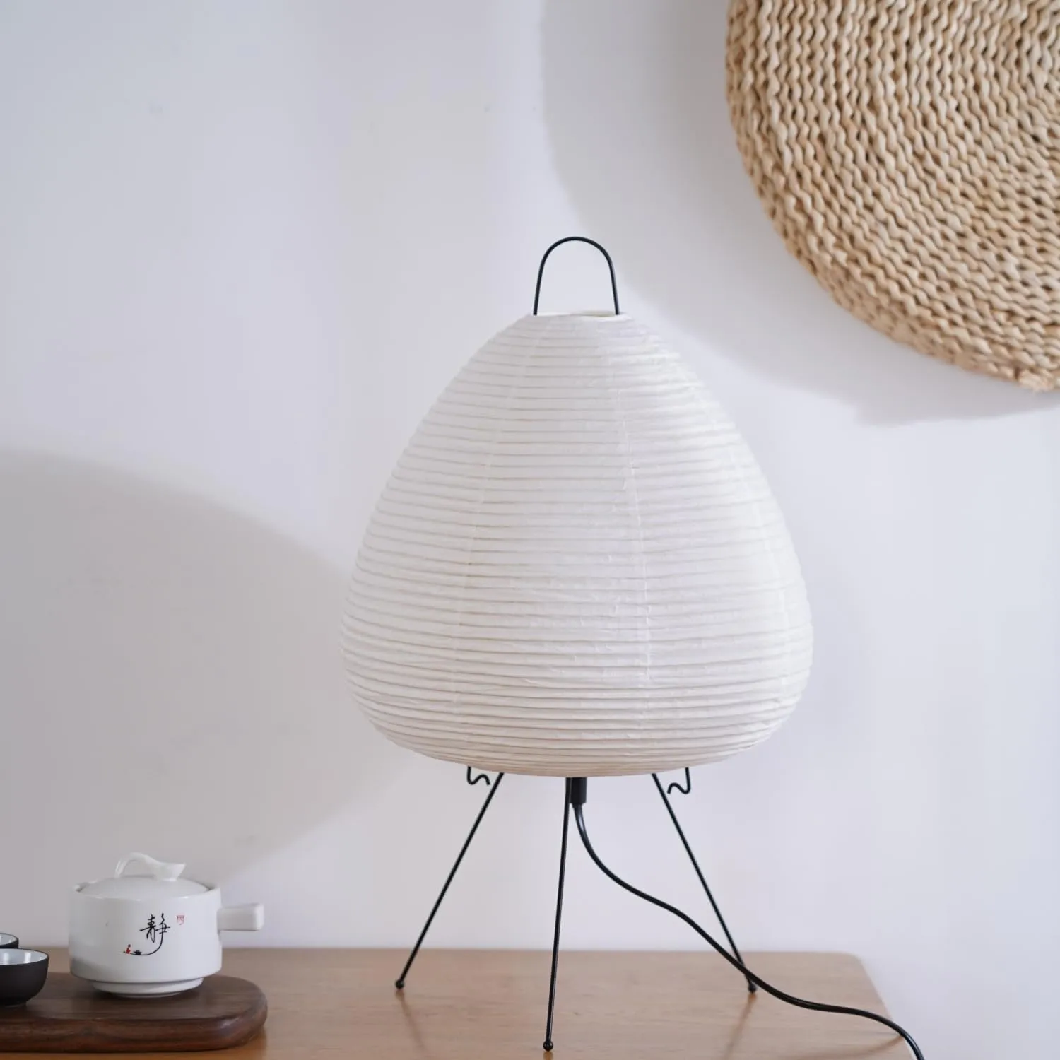 Japanese Noguchi Inspired Table Lamp Zen Rice Paper Lantern with Warm Light for Bedroom Living Room or Office Modern Japandi Decor (Teardrop)