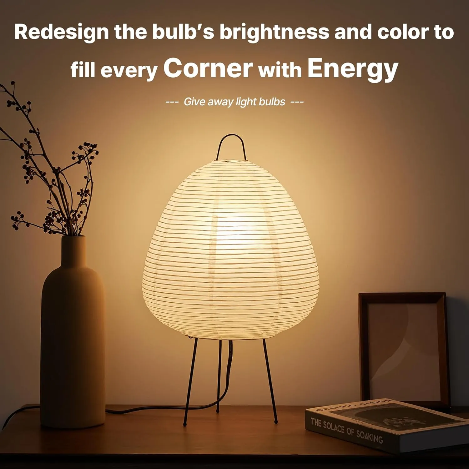 Japanese Rice Paper Table Lamp: 3000K Bulb Included - Handmade Round Japandi Noguchi Akari Lamps - Noggy Asano White Paper Lantern Table Lights with Wabi Sabi Paper Shade for Bedroom Bedside Desk