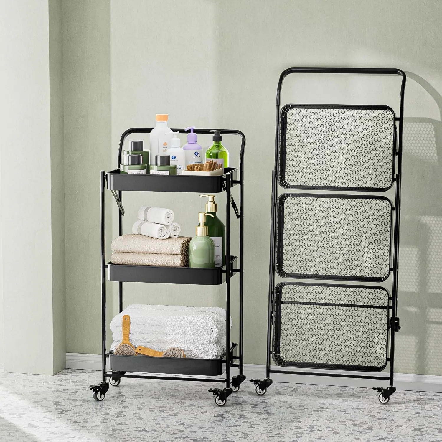 JAQ Foldable Rolling Cart, 3-Tier Metal Folding Storage Utility Carts Basket Rack with Removable Handle on Wheels for Snacks Books Fruits for Kitchen Living Room Pantry Bathroom - (Black, 3-Layer)