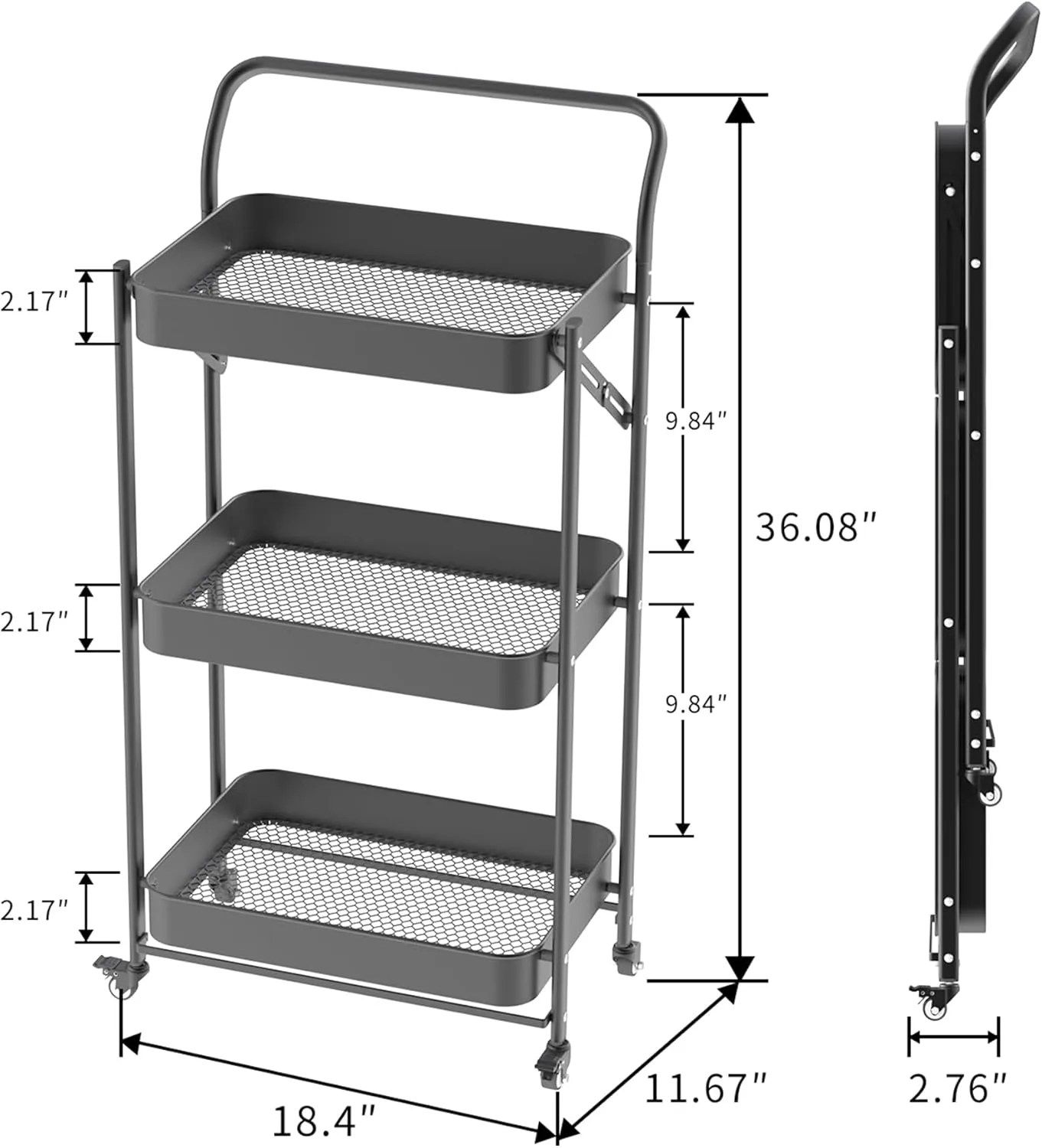 JAQ Foldable Rolling Cart, 3-Tier Metal Folding Storage Utility Carts Basket Rack with Removable Handle on Wheels for Snacks Books Fruits for Kitchen Living Room Pantry Bathroom - (Black, 3-Layer)