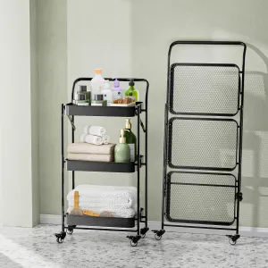 JAQ Foldable Rolling Cart, 3-Tier Metal Folding Storage Utility Carts Basket Rack with Removable Handle on Wheels for Snacks Books Fruits for Kitchen Living Room Pantry Bathroom - (Black, 3-Layer)